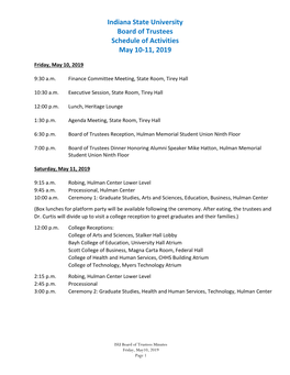 Indiana State University Board of Trustees Schedule of Activities May 10-11, 2019