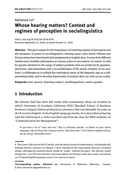 Context and Regimes of Perception in Sociolinguistics Received September 25, 2020; Accepted October 17, 2020