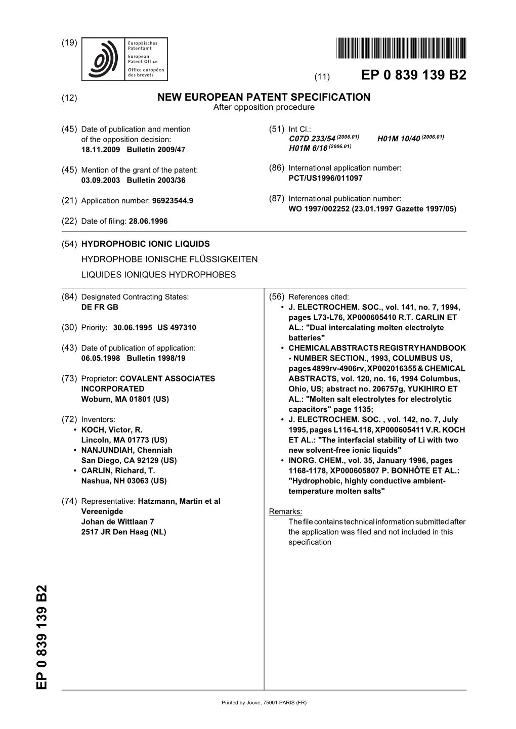 Hydrophobic Ionic Liquids Hydrophobe Ionische Flüssigkeiten Liquides Ioniques Hydrophobes