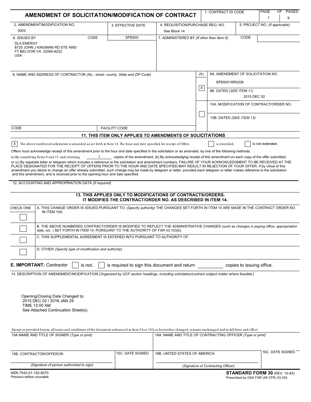 Amendment of Solicitation/Modification of Contract 1 9