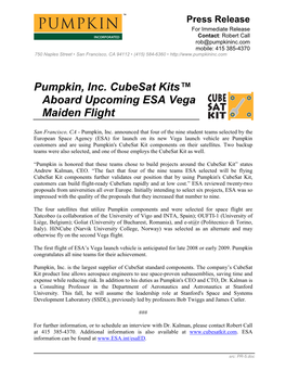 Pumpkin, Inc. Cubesat Kits™ Aboard Upcoming ESA Vega Maiden Flight