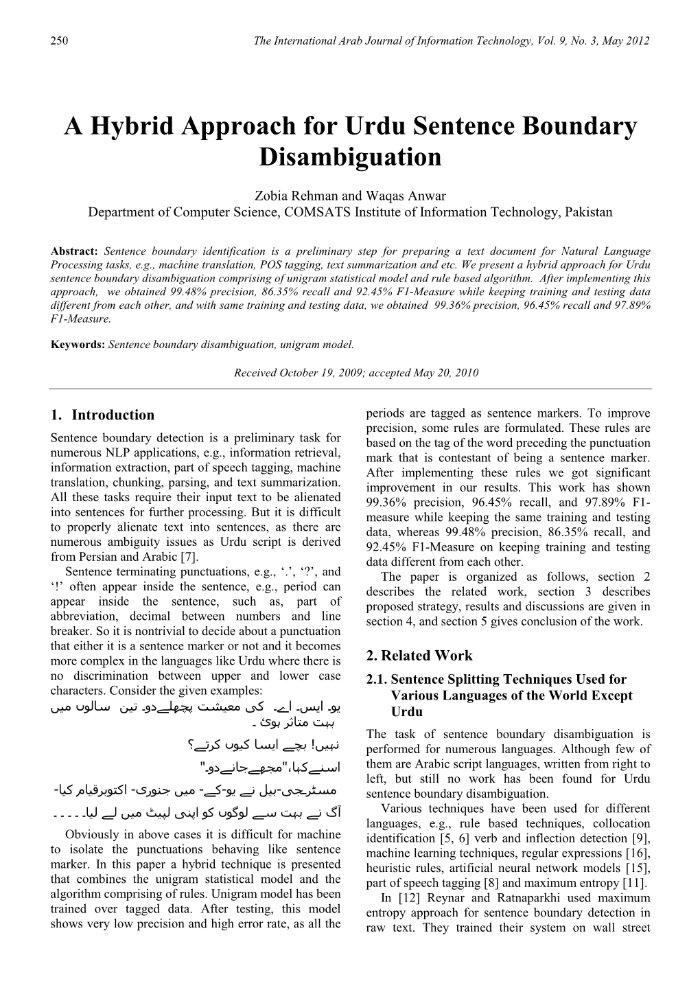 A Hybrid Approach for Urdu Sentence Boundary Disambiguation