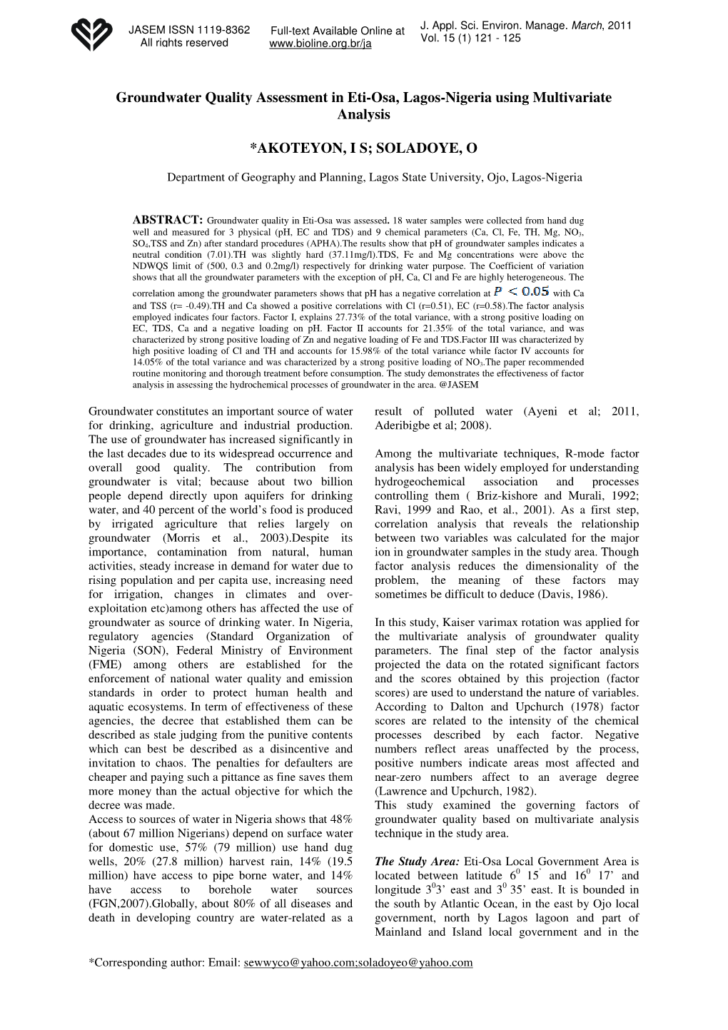 Groundwater Quality Assessment in Eti-Osa, Lagos-Nigeria Using Multivariate Analysis