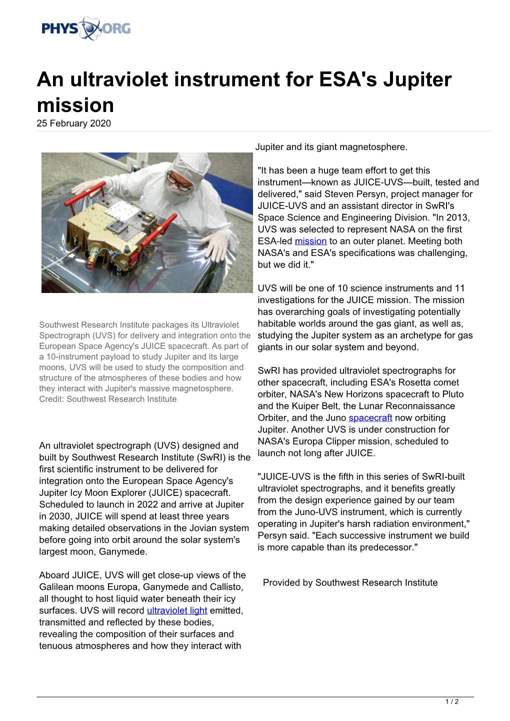 An Ultraviolet Instrument for ESA's Jupiter Mission 25 February 2020