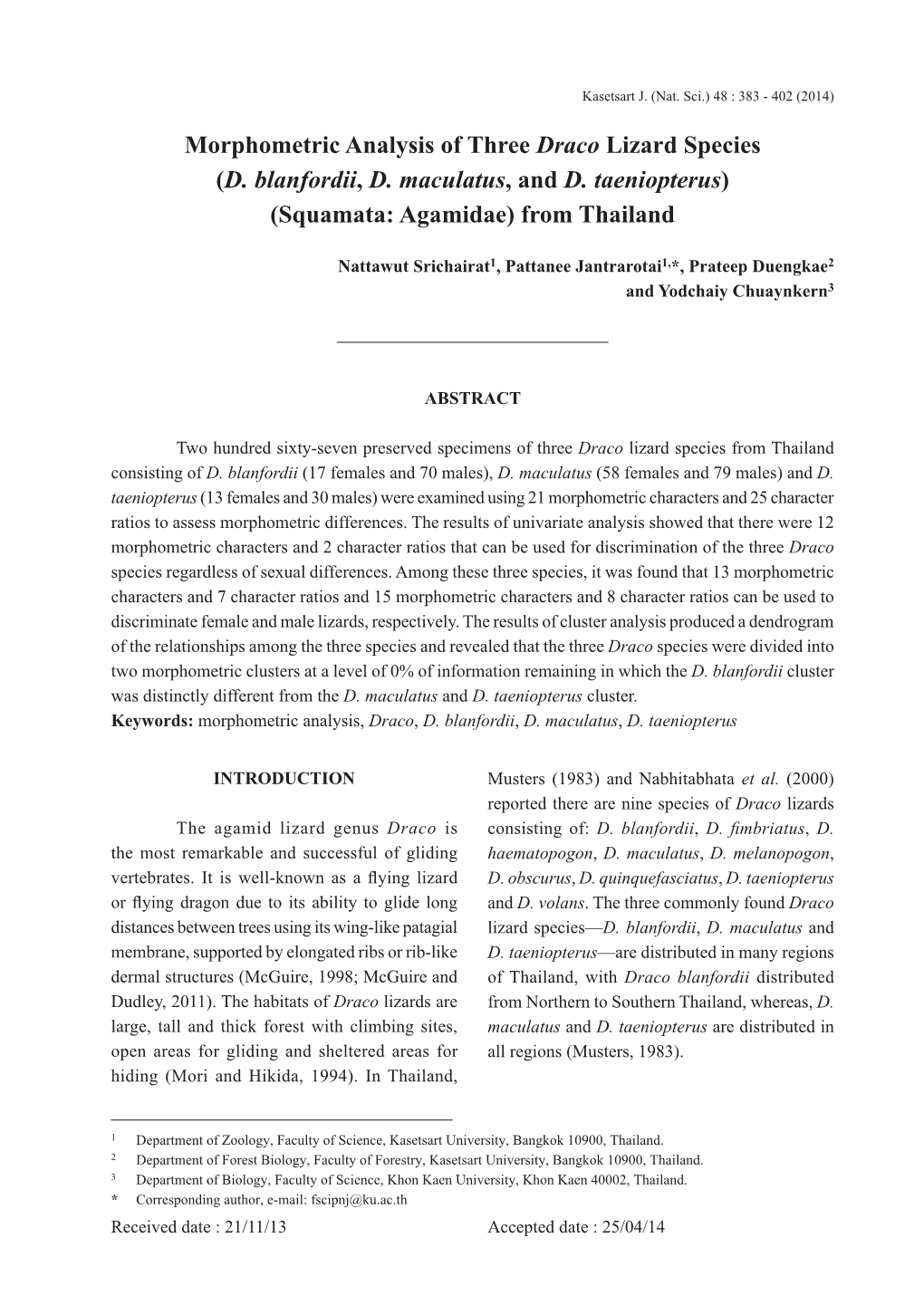 Morphometric Analysis of Three Draco Lizard Species (D. Blanfordii, D