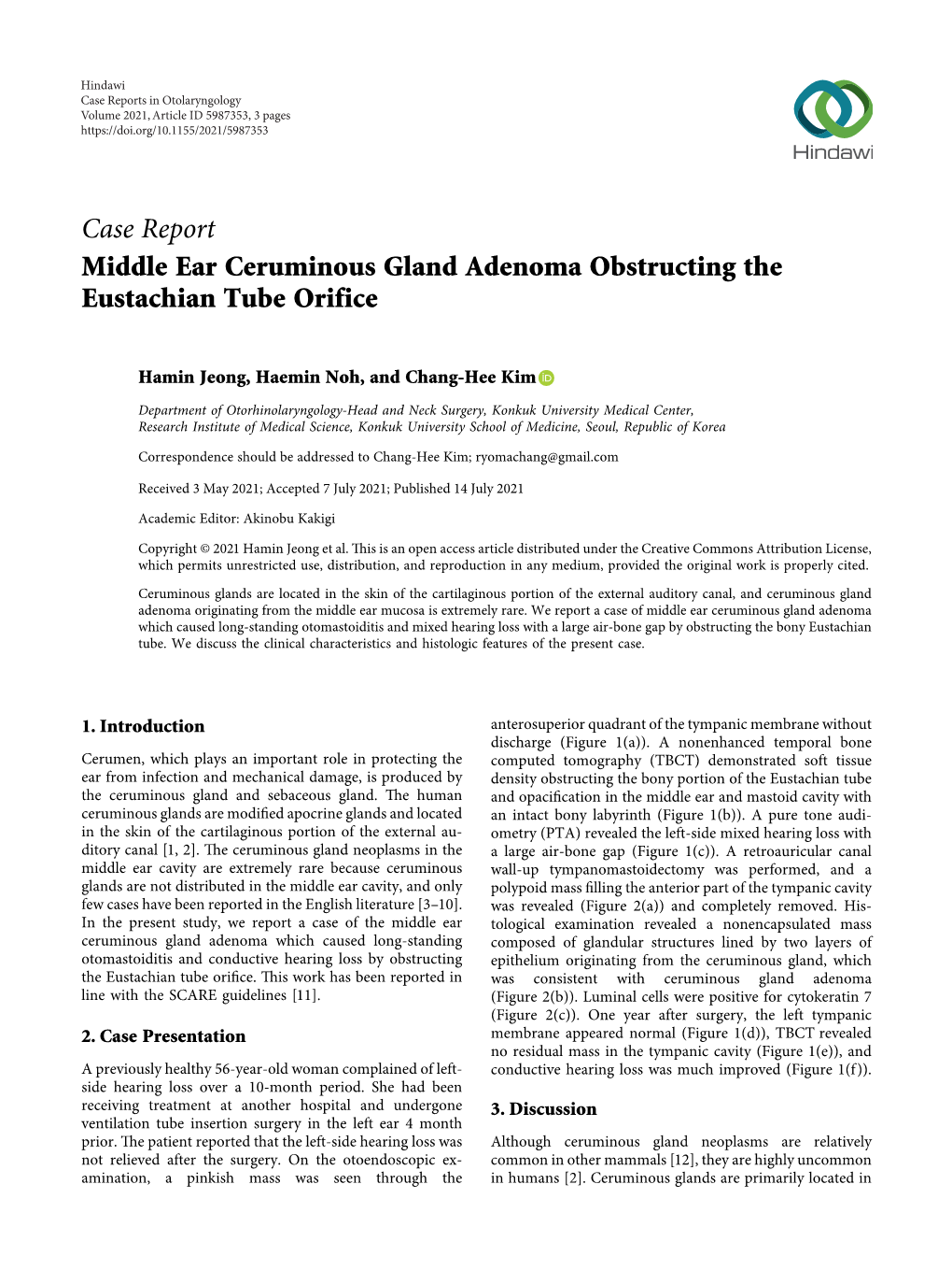 Middle Ear Ceruminous Gland Adenoma Obstructing the Eustachian Tube Orifice