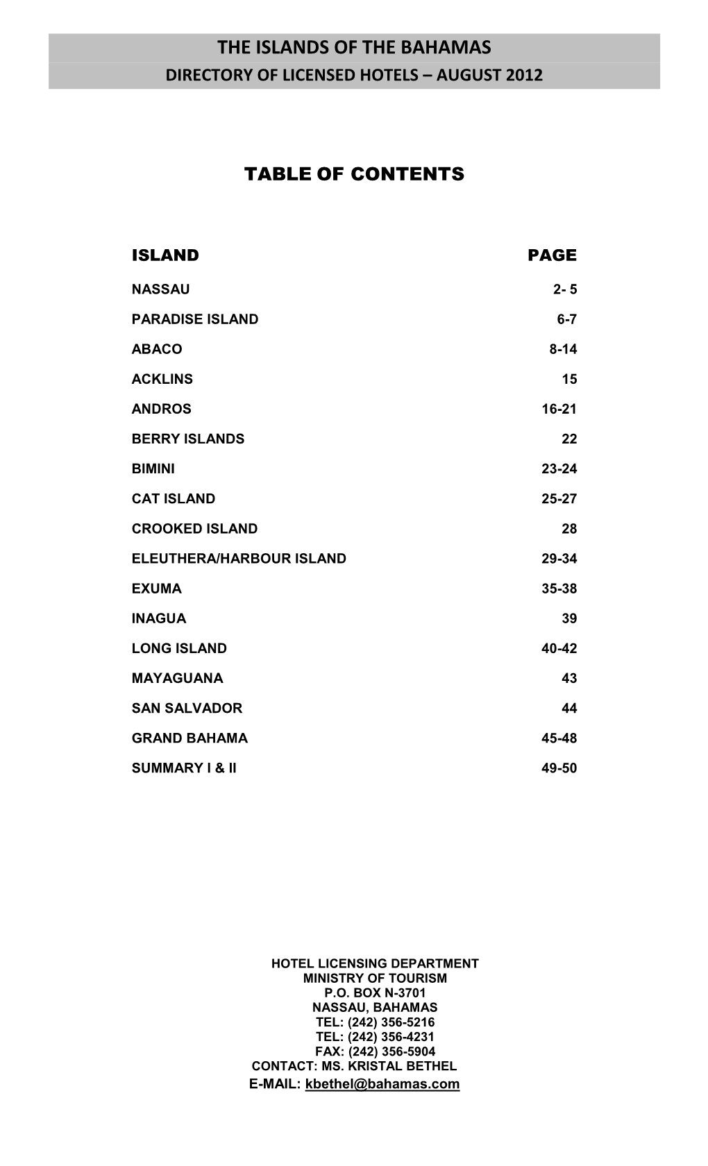 The Islands of the Bahamas Directory of Licensed Hotels – August 2012