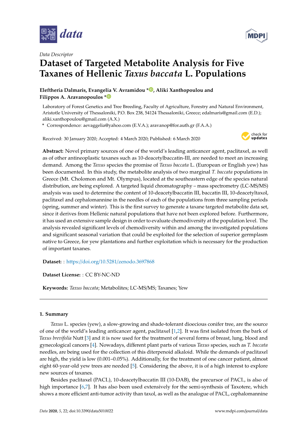 Dataset of Targeted Metabolite Analysis for Five Taxanes of Hellenic Taxus Baccata L