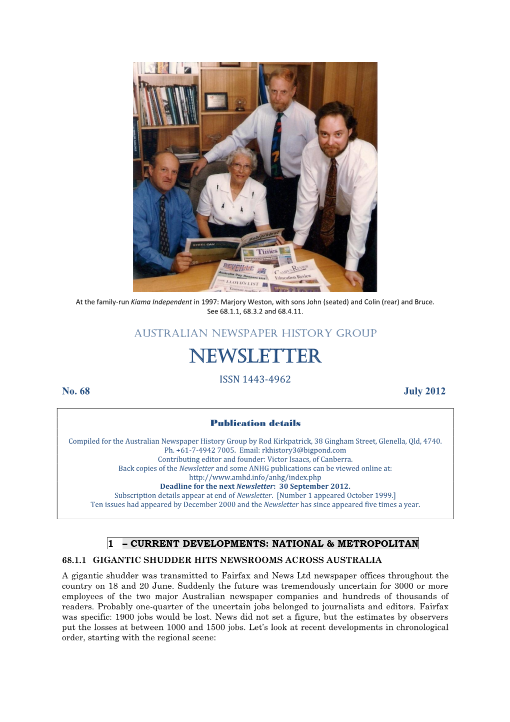 NEWSLETTER ISSN 1443-4962 No