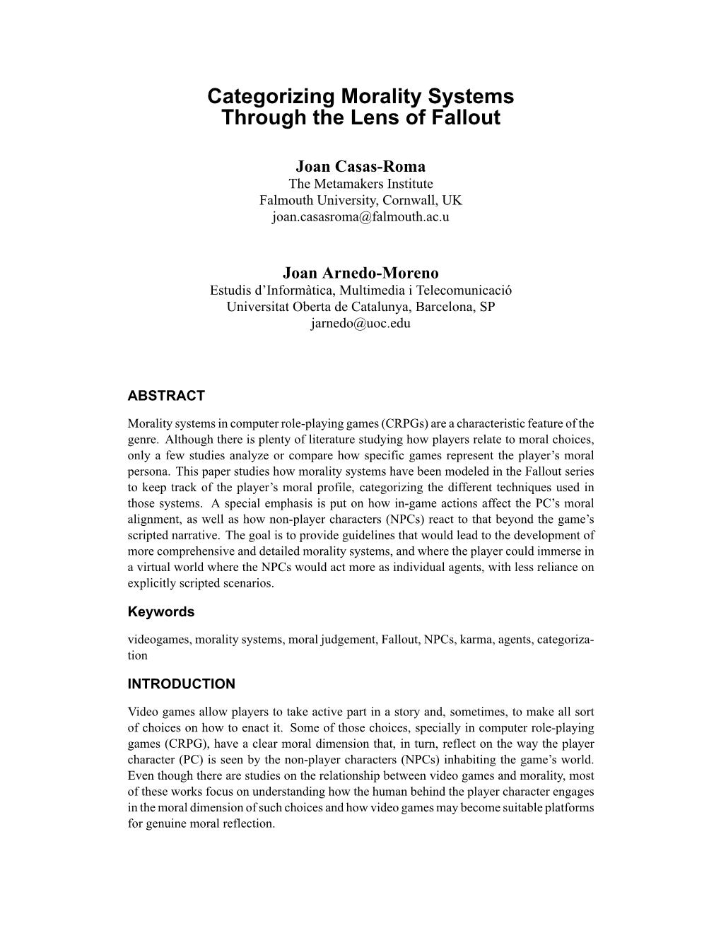 Categorizing Morality Systems Through the Lens of Fallout