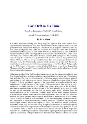 Carl Orff in His Time
