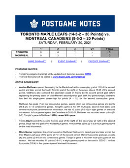 TORONTO MAPLE LEAFS (14-3-2 – 30 Points) Vs. MONTREAL CANADIENS (9-5-2 – 20 Points) SATURDAY, FEBRUARY 20, 2021