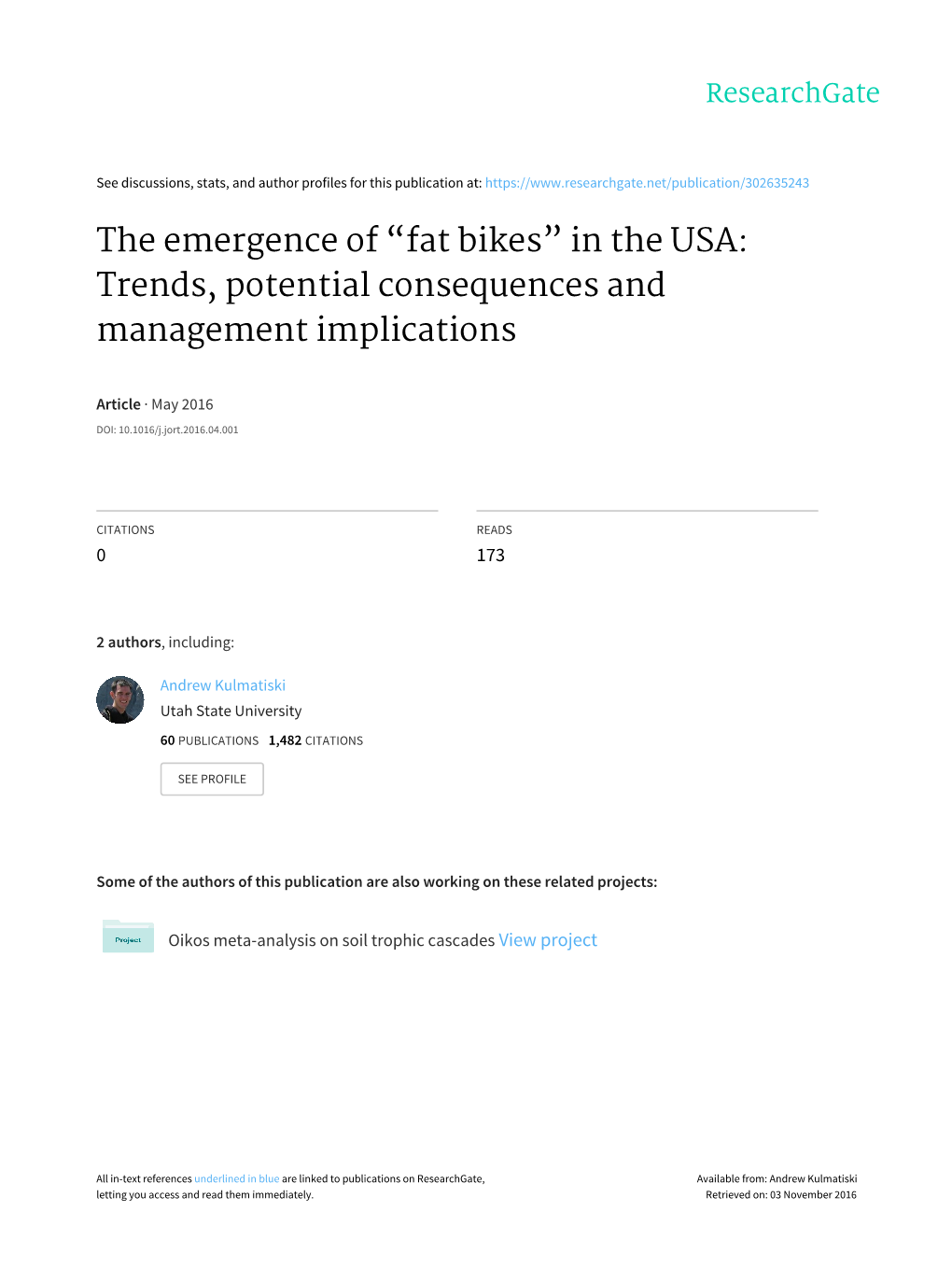Fat Bikes” in the USA: Trends, Potential Consequences and Management Implications