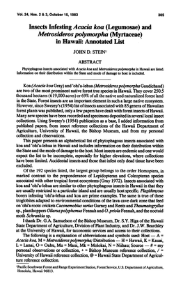 Insects Infesting Acacia Koa (Legumosae) and Metrosideros Polymorpha (Myrtaceae) in Hawaii: Annotated List