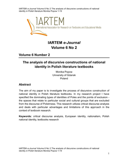 IARTEM E-Journal Volume 6 No 2 the Analysis of Discursive Constructions of National Identity in Polish Literature Monika Popow 1-19