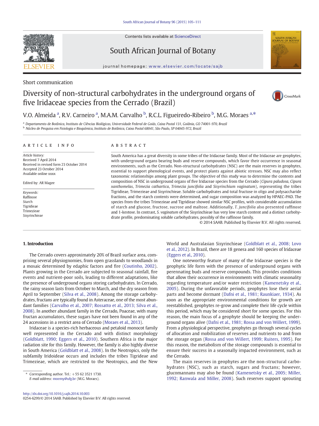 Diversity of Non-Structural Carbohydrates in the Underground Organs of Five Iridaceae Species from the Cerrado