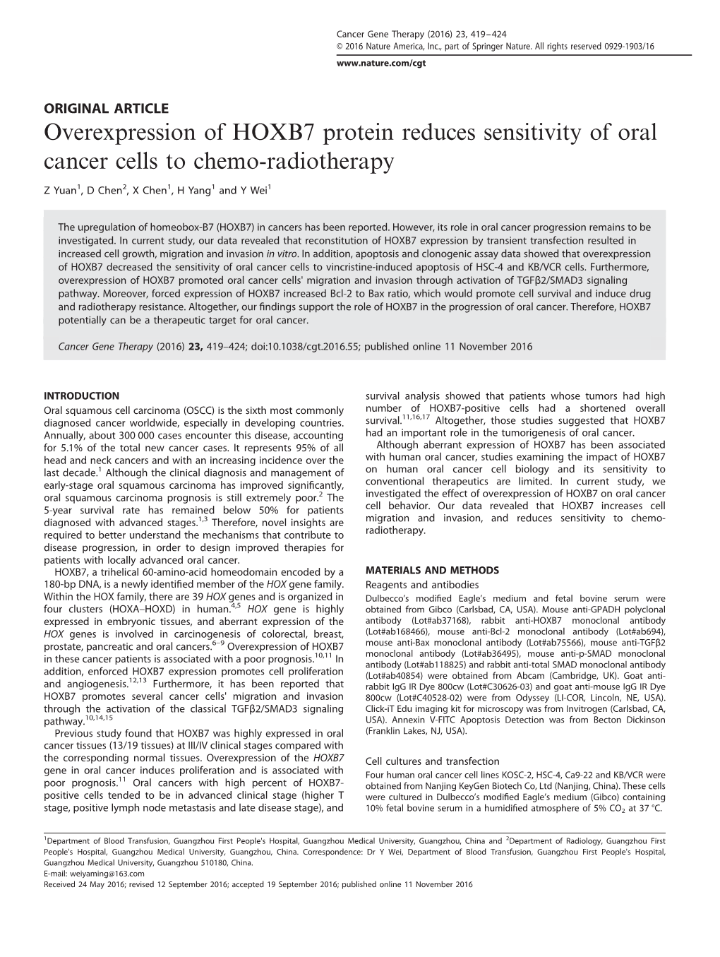 Overexpression of HOXB7 Protein Reduces Sensitivity of Oral Cancer Cells to Chemo-Radiotherapy