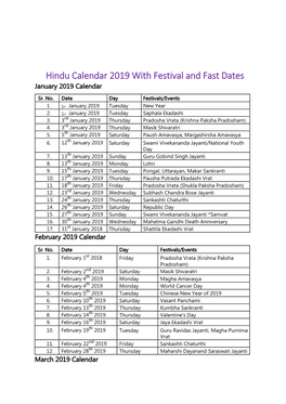 Hindu Calendar 2019 with Festival and Fast Dates January 2019 Calendar