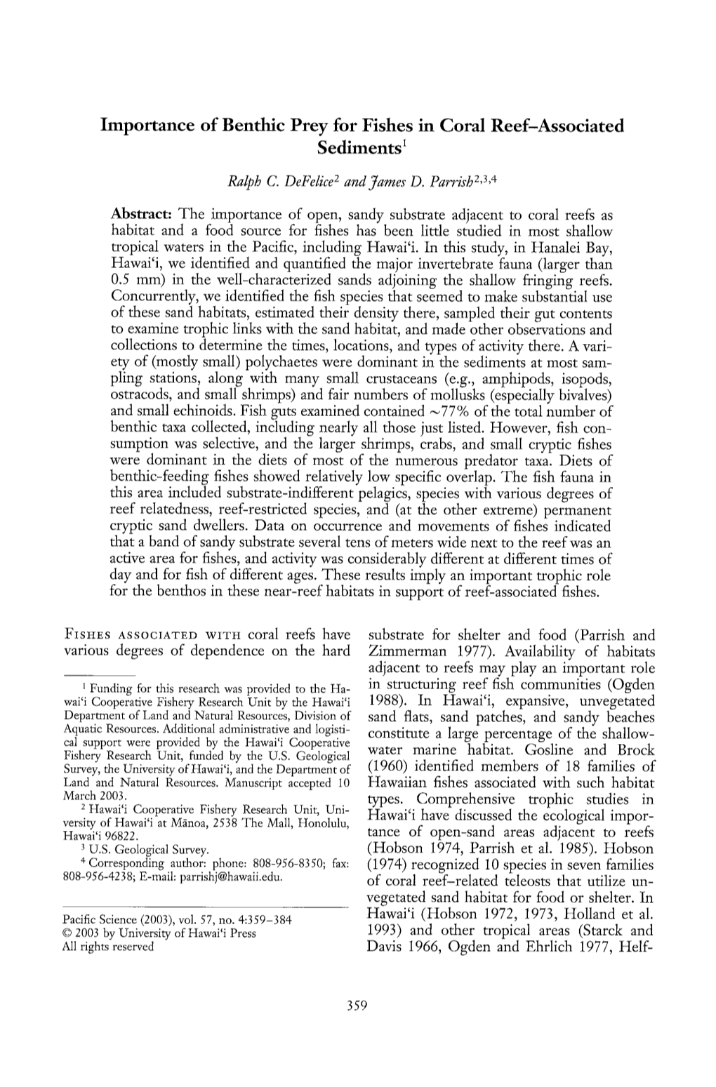 Importance of Benthic Prey for Fishes in Coral Reef-Associated Sediments!