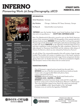 INFERNO Street Date: Pioneering Work: 56 Song Discography, 2XCD MARCH 11, 2014