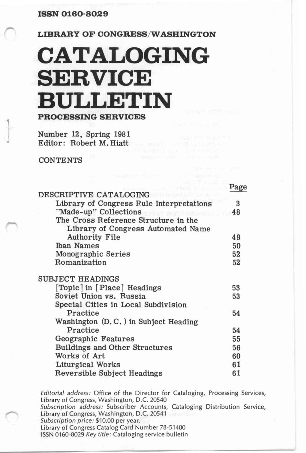 Cataloging Service Bulletin 012, Spring 1981