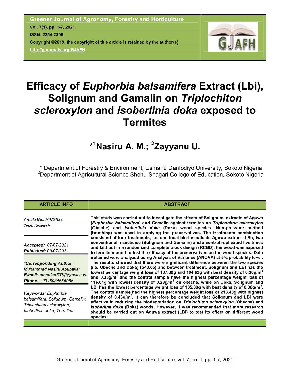 Efficacy of Euphorbia Balsamifera Extract (Lbi), Solignum and Gamalin on Triplochiton Scleroxylon and Isoberlinia Doka Exposed to Termites