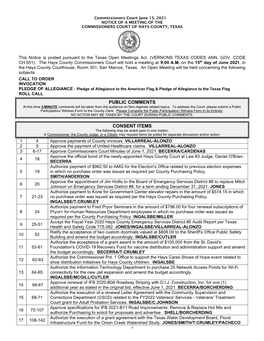 Commissioners Court June 15, 2021 NOTICE of a MEETING of the COMMISSIONERS COURT of HAYS COUNTY, TEXAS