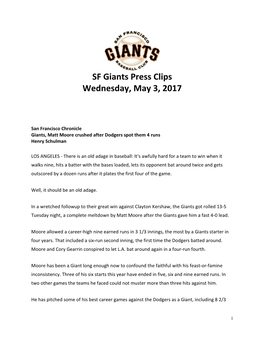 SF Giants Press Clips Wednesday, May 3, 2017