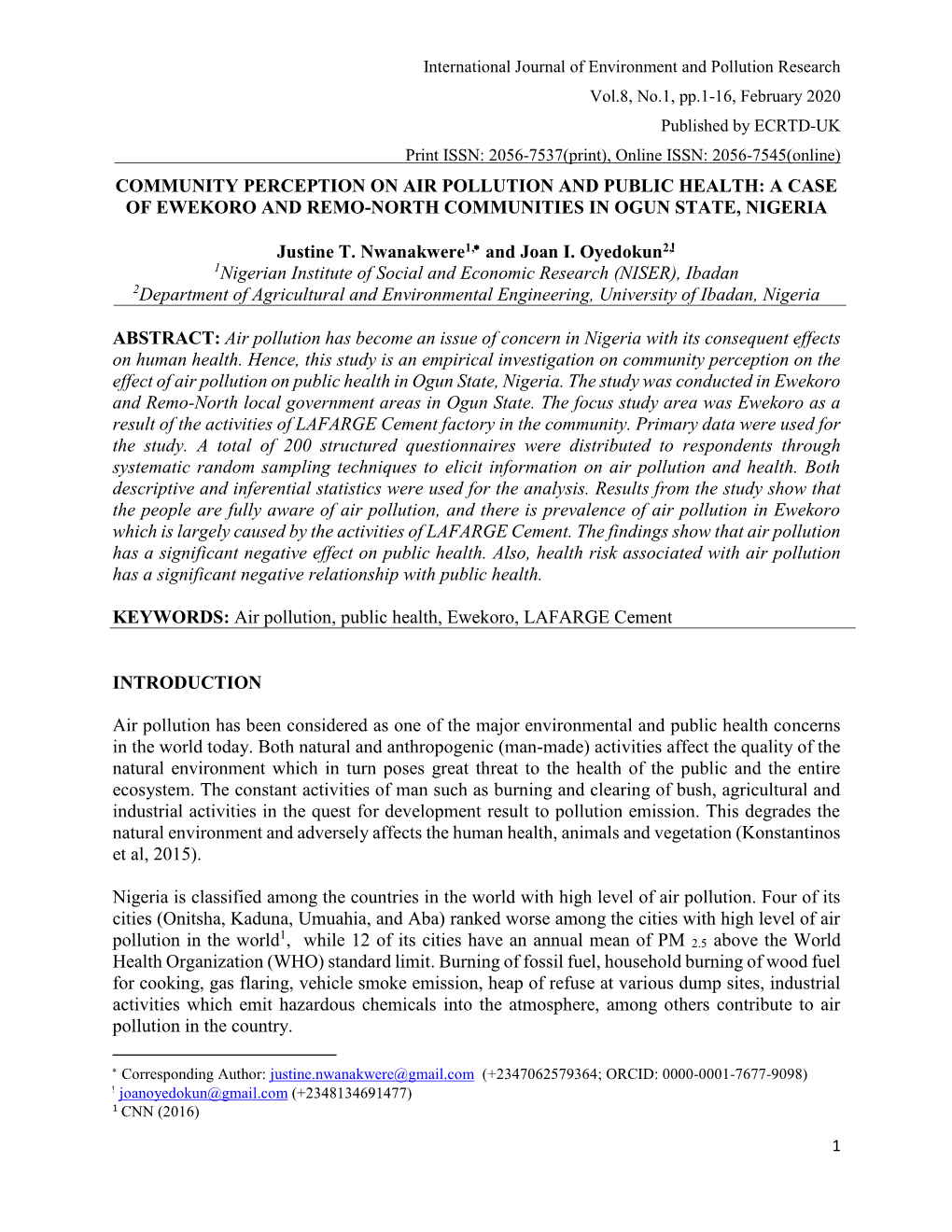 Community Perception on Air Pollution and Public Health: a Case of Ewekoro and Remo-North Communities in Ogun State, Nigeria