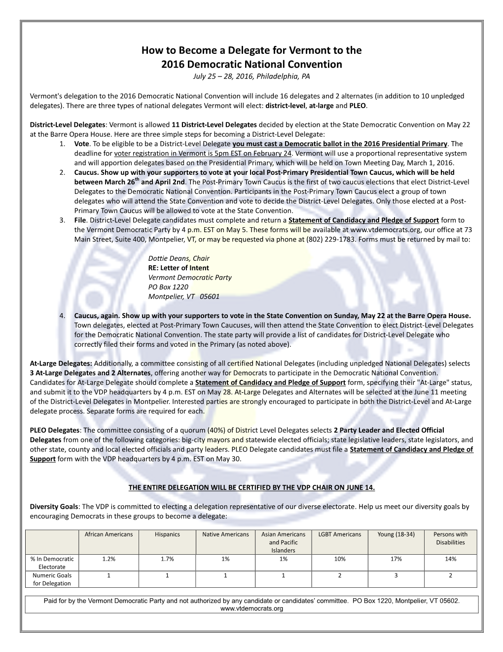 How to Become a Delegate for Vermont to the 2016 Democratic National Convention July 25 – 28, 2016, Philadelphia, PA