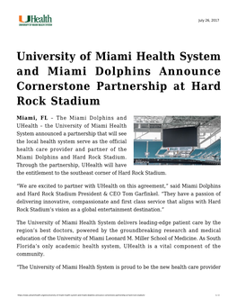 University of Miami Health System and Miami Dolphins Announce Cornerstone Partnership at Hard Rock Stadium