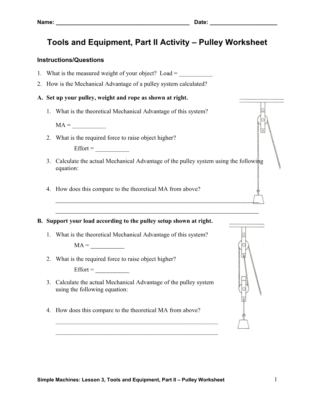 Tools and Equipment, Part II Activity Pulley Worksheet