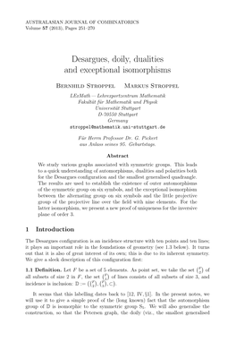 Desargues, Doily, Dualities and Exceptional Isomorphisms