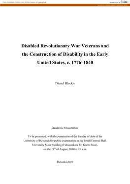 Disabled Revolutionary War Veterans and the Construction of Disability in the Early United States, C