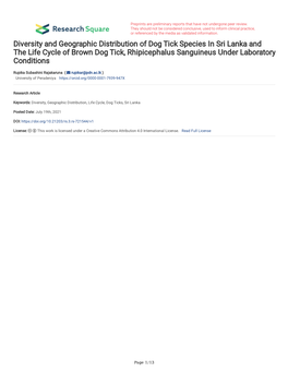 Diversity and Geographic Distribution of Dog Tick Species in Sri Lanka and the Life Cycle of Brown Dog Tick, Rhipicephalus Sanguineus Under Laboratory Conditions