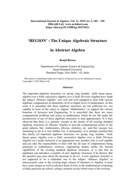 „REGION‟ : the Unique Algebraic Structure in Abstract Algebra 187