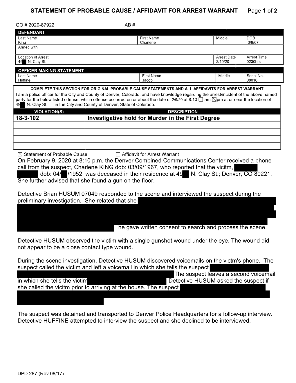 STATEMENT Of PROBABLE CAUSE / AFFIDAVIT For ARREST WARRANT Page 1 Of 2 ...