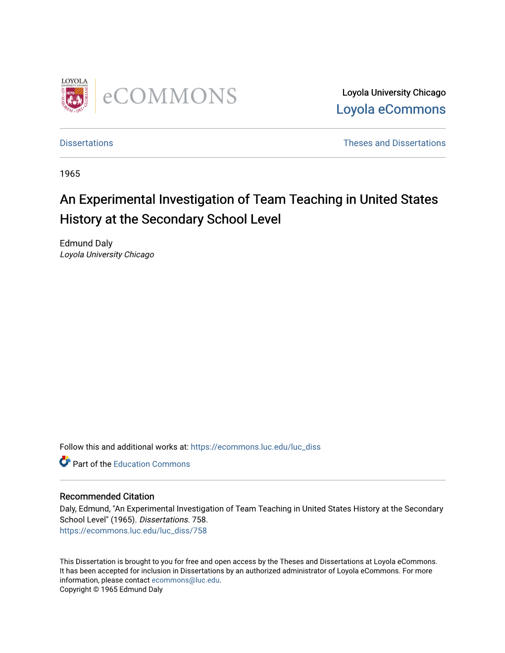 An Experimental Investigation of Team Teaching in United States History at the Secondary School Level