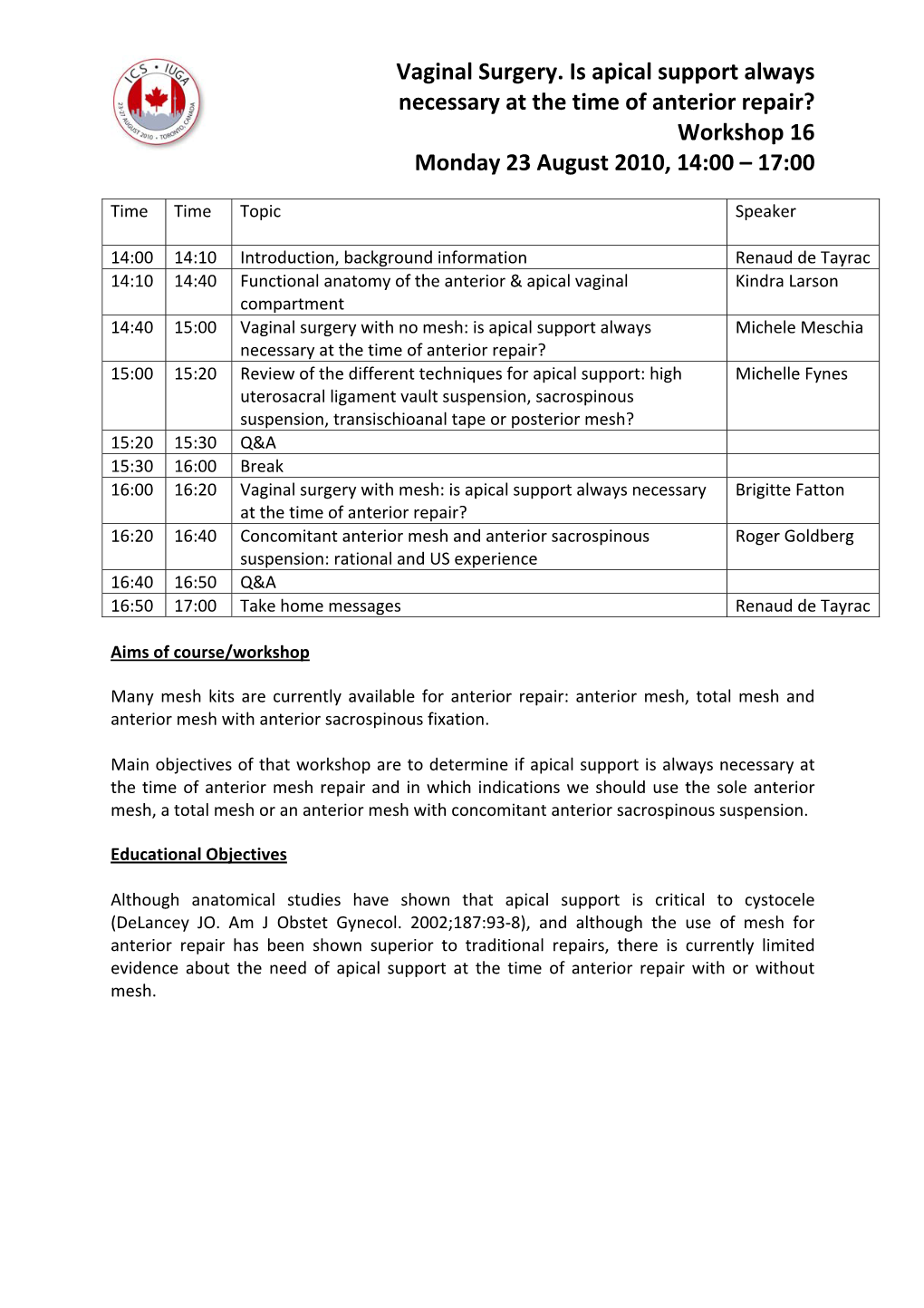 Vaginal Surgery. Is Apical Support Always Necessary at the Time of Anterior Repair? Workshop 16