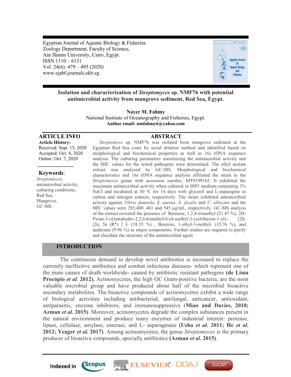 Isolation and Characterization of Streptomyces Sp. NMF76 with Potential Antimicrobial Activity from Mangrove Sediment, Red Sea, Egypt