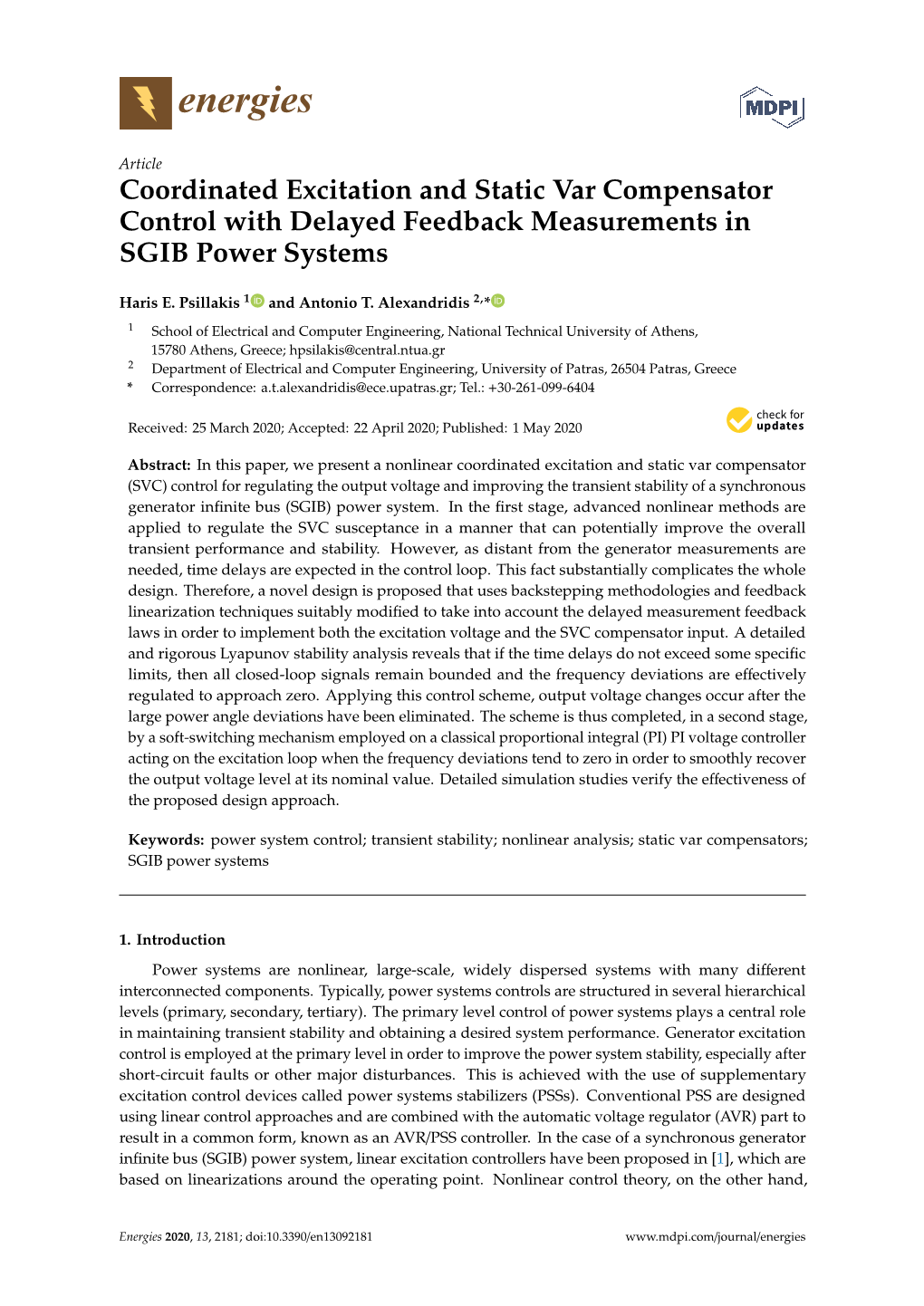 Coordinated Excitation and Static Var Compensator Control with Delayed Feedback Measurements in SGIB Power Systems