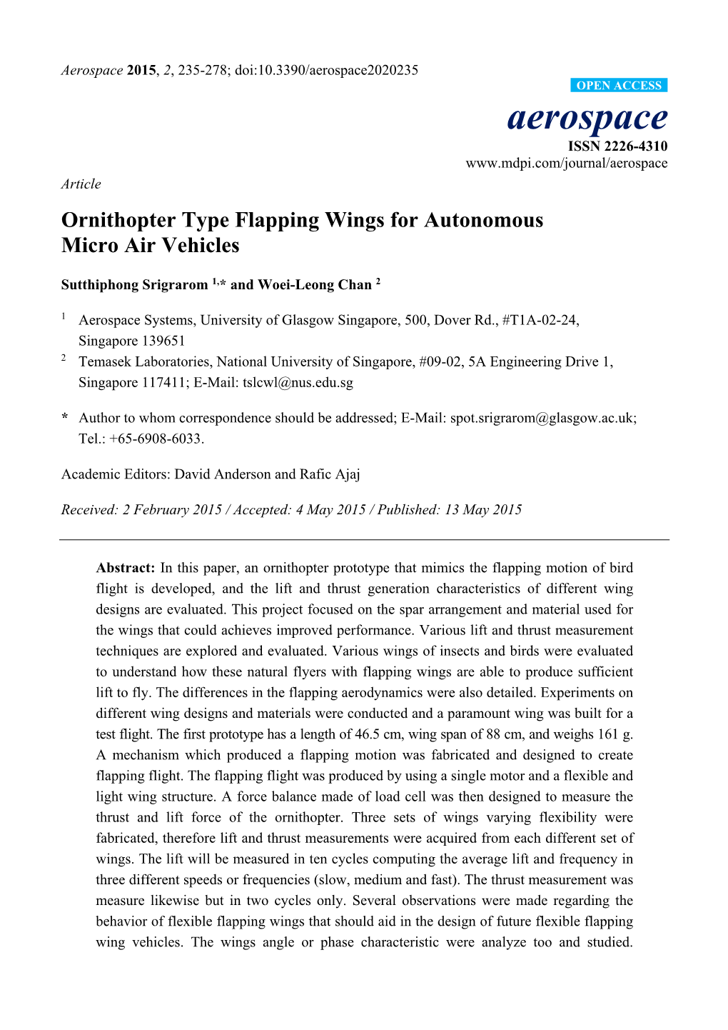 Ornithopter Type Flapping Wings for Autonomous Micro Air Vehicles