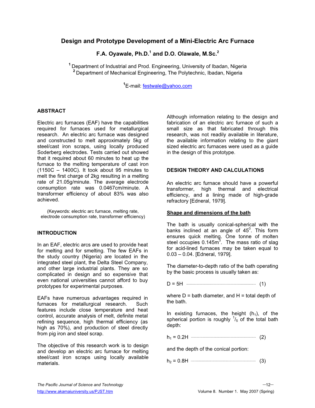 Design and Prototype Development of a Mini-Electric Arc Furnace –12–