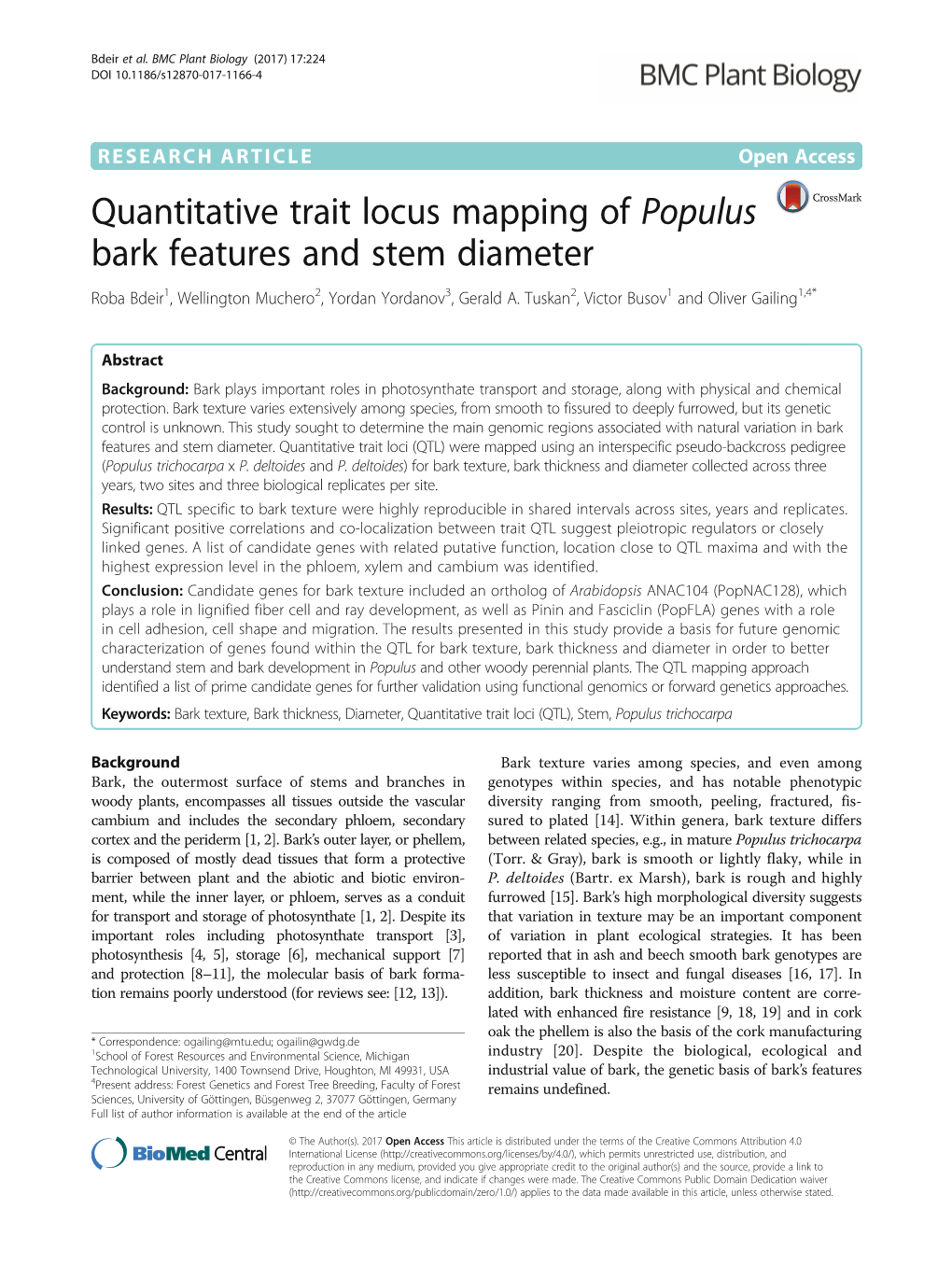 Quantitative Trait Locus Mapping of Populus Bark Features and Stem Diameter Roba Bdeir1, Wellington Muchero2, Yordan Yordanov3, Gerald A