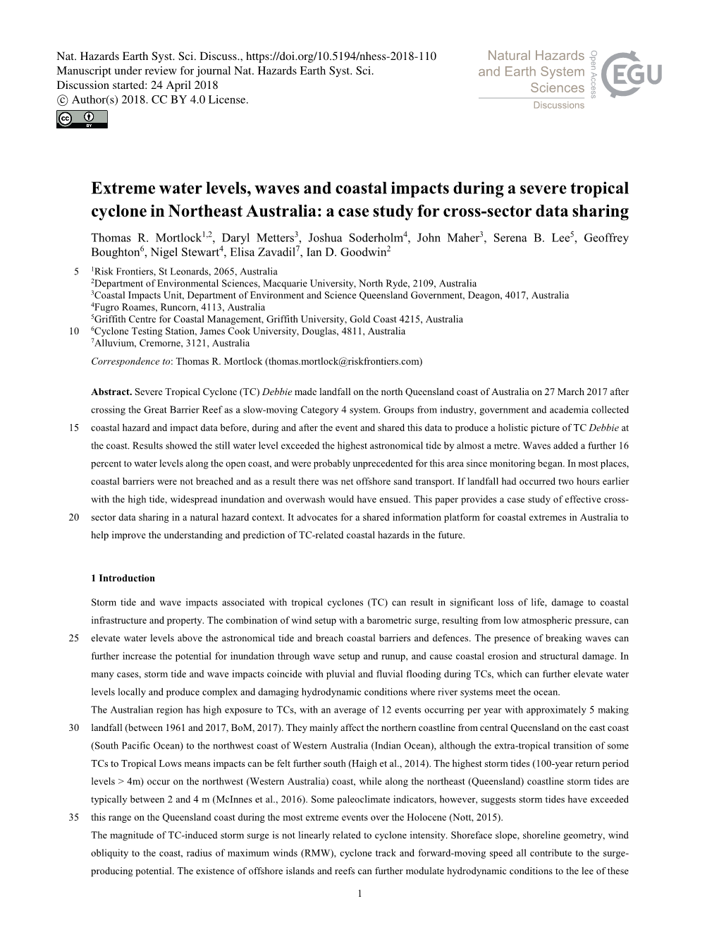 Extreme Water Levels, Waves and Coastal Impacts During a Severe Tropical Cyclone in Northeast Australia: a Case Study for Cross-Sector Data Sharing Thomas R