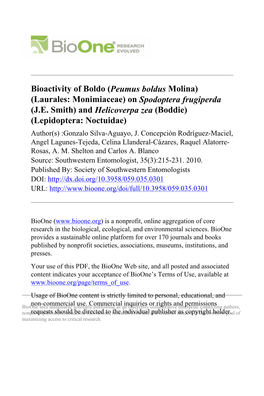 Bioactivity of Boldo (Peumus Boldus Molina) (Laurales: Monimiaceae) on Spodoptera Frugiperda (J.E