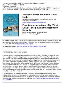 Journal of Balkan and Near Eastern Studies from Carasovan to Croat: the 'Ethnic Enigma' of a (Re)Invented Identity in Romani