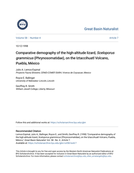 Comparative Demography of the High-Altitude Lizard, Sceloporus Grammicus (Phrynosomatidae), on the Iztaccihuatl Volcano, Puebla, México