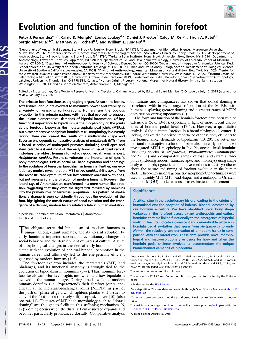 Evolution and Function of the Hominin Forefoot