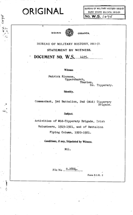 ROINN COSANTA. BUREAU of MILITARY HISTORY, 1913-21. STATEMENT by WITNESS. DOCUMENT NO W.S. 1475. Witness Patrick Kinnane, Upperc